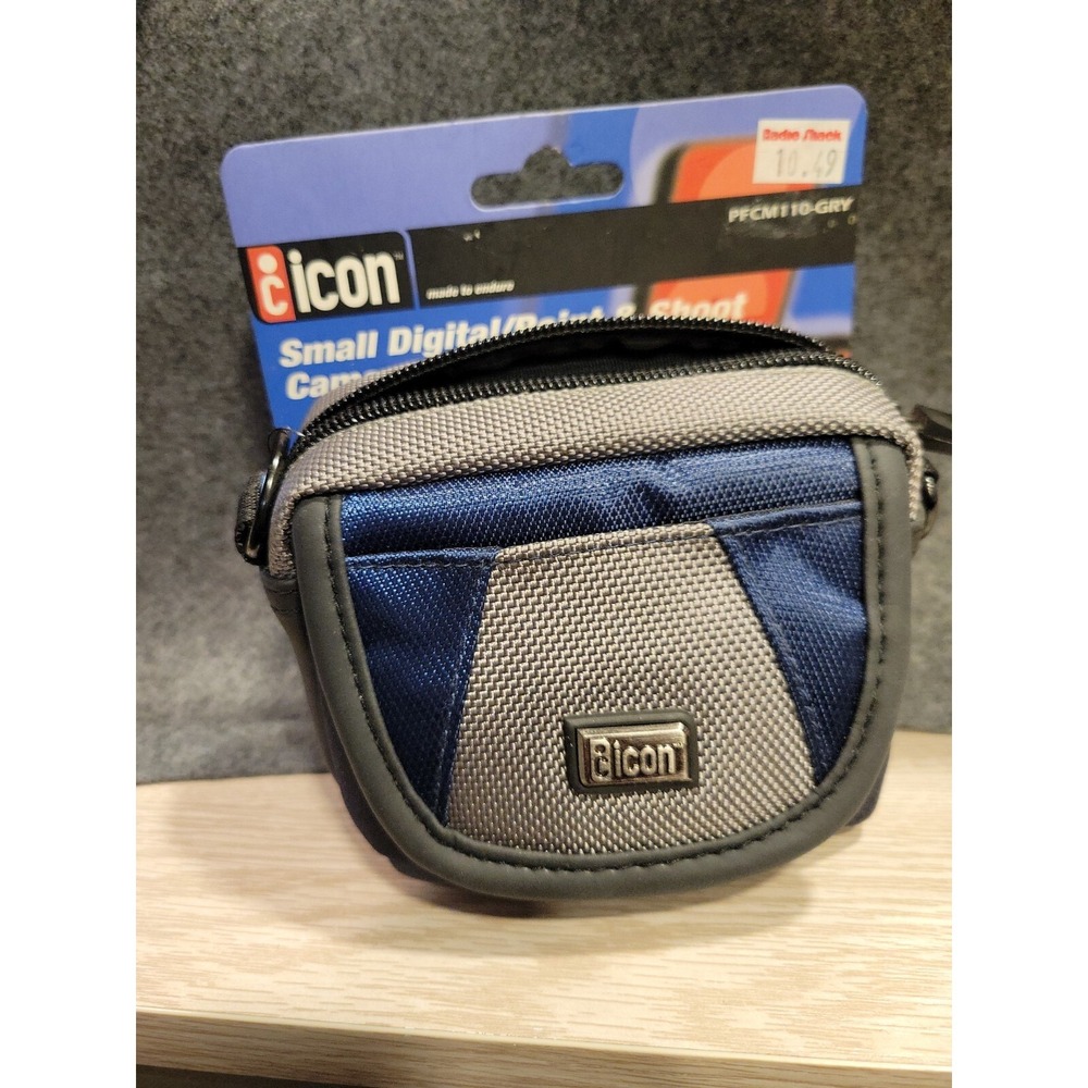 Icon: Small Point & Shoot/Digital Camera Case Black,grey &blue w/Carrying Strap